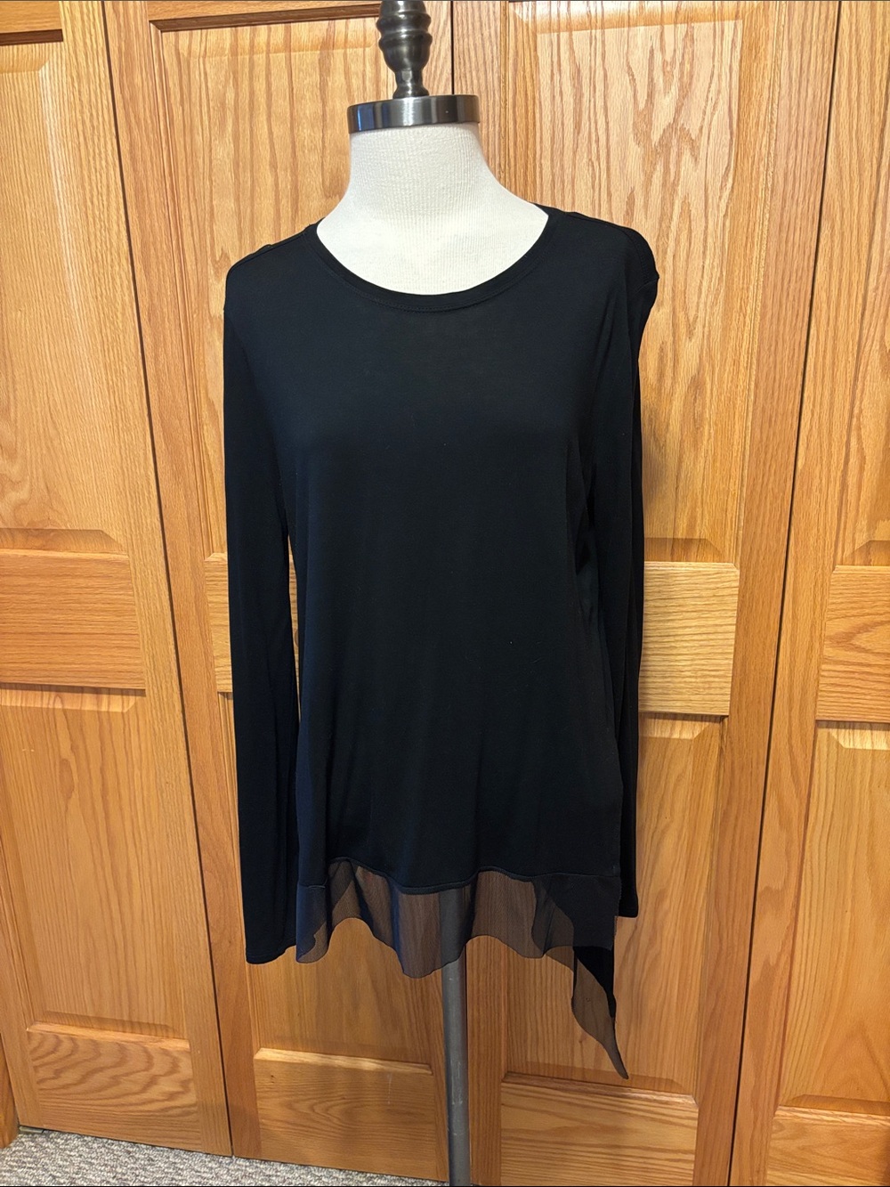 BCBGMaxAzria Black Long Sleeve Sheer Asymmetric Hem Top